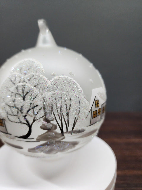 Frosted Blown Glass Large Ball Ornament - Handcrafted - White Church