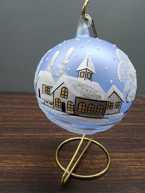 Light Blue Blown Glass Large Ball Ornament - Handcrafted - White Church