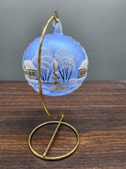 Light Blue Blown Glass Large Ball Ornament - Handcrafted - White Church