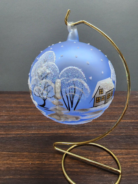 Light Blue Blown Glass Large Ball Ornament - Handcrafted - White Church