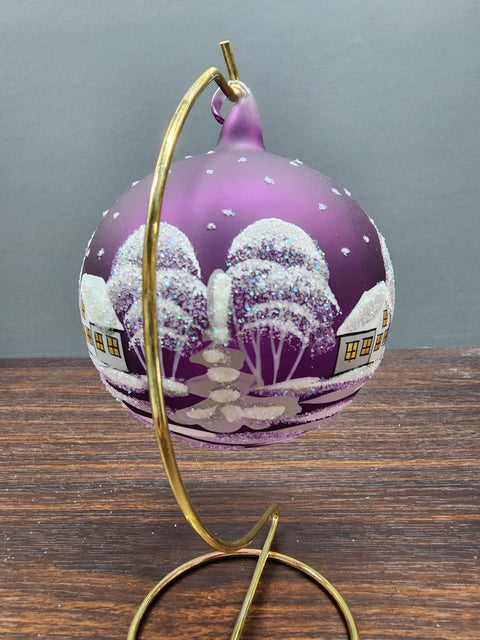 Purple Blown Glass Large Ball Ornament - Handcrafted - White Church