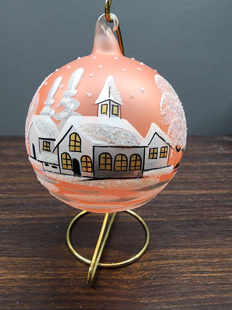 Orange Blown Glass Large Ball Ornament - Handcrafted - White Church