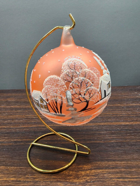 Orange Blown Glass Large Ball Ornament - Handcrafted - White Church