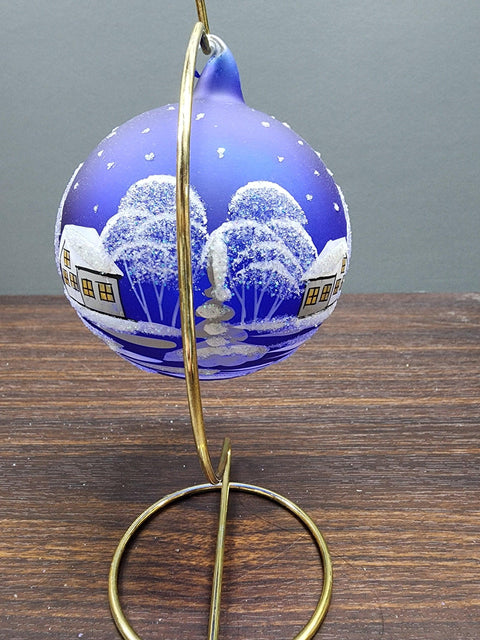 Blue Blown Glass Large Ball Ornament - White Church Design