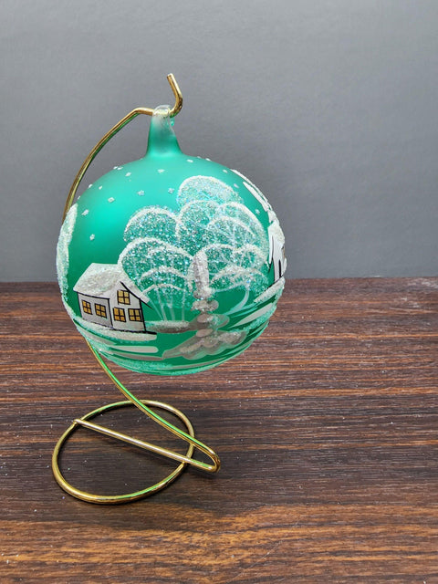 Green Blown Glass Large Ball Ornament - Hand Made - White Church Design