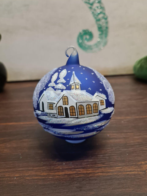 Blown Glass Ornament - Handcrafted - White Church Design - Multiple Colors