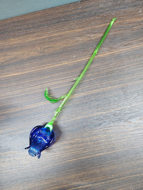 Blue Glass Open Bulb Rose- Handcrafted Long Stem Flower