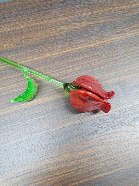 Red Glass Open Bulb Rose - Handcrafted Long Stem Flower