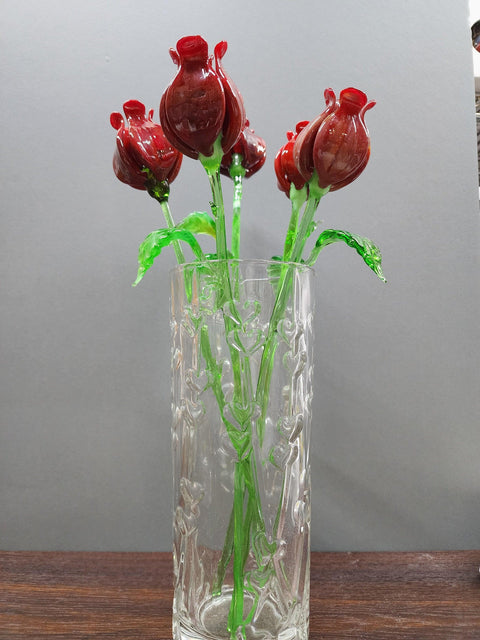 Red Glass Open Bulb Rose - Handcrafted Long Stem Flower