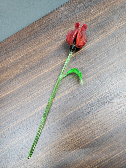 Red Glass Open Bulb Rose - Handcrafted Long Stem Flower