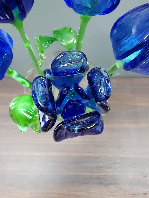 Blue Glass Open Bulb Rose- Handcrafted Long Stem Flower