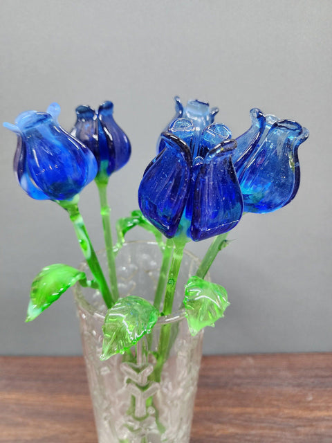 Blue Glass Open Bulb Rose- Handcrafted Long Stem Flower