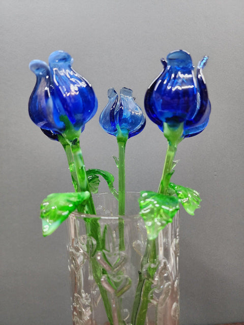 Blue Glass Open Bulb Rose- Handcrafted Long Stem Flower