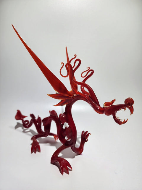 Red Glass Dragon Figurine, Handmade Murano Quality Design - Large