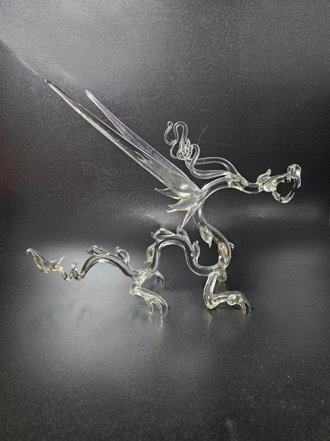 Clear Glass Dragon Figurine, Handmade Murano Quality Design - Large