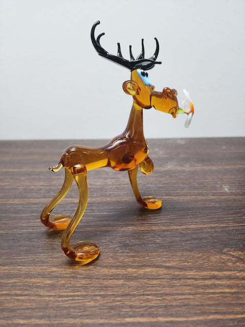 Glass Moose With Daisy Figurine, Handmade Murano Quality Design - Large