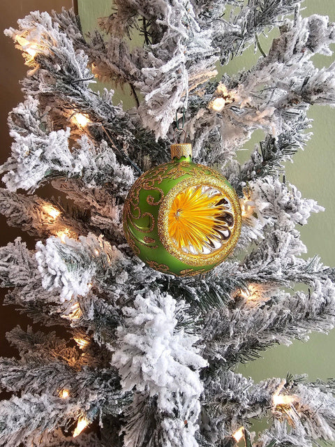 Green Blown Glass Ornament - Green & Gold - Refractor