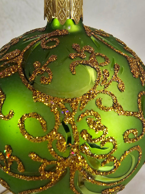 Green Blown Glass Ornament - Green & Gold - Refractor