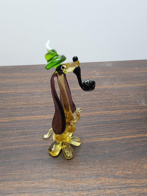 Naturally Colored Glass Figurine - Handcrafted - Dachshund Smoking Pipe Design