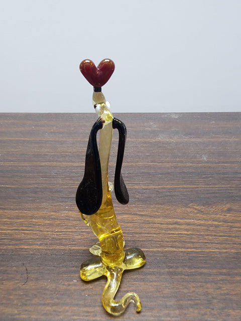 Naturally Colored Glass Figurine - Handcrafted - Dachshund w Heart Design