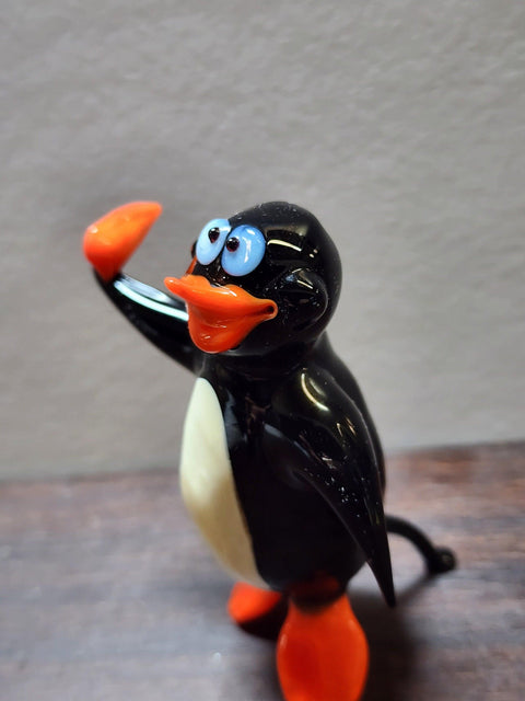 Naturally Colored Glass Figurine - Handcrafted - Penguin W Pepper Design