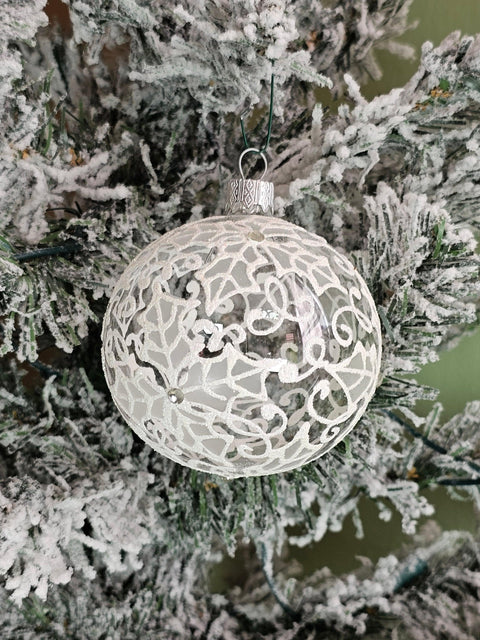 Frosted Blown Glass Ornament - Handcrafted - Holly Leaves Design