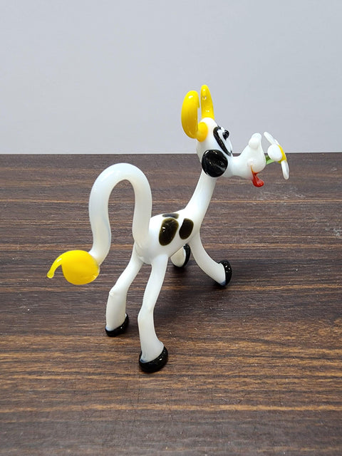 White Glass Cow With Daisy Figurine, Handmade Murano Quality Design - Large