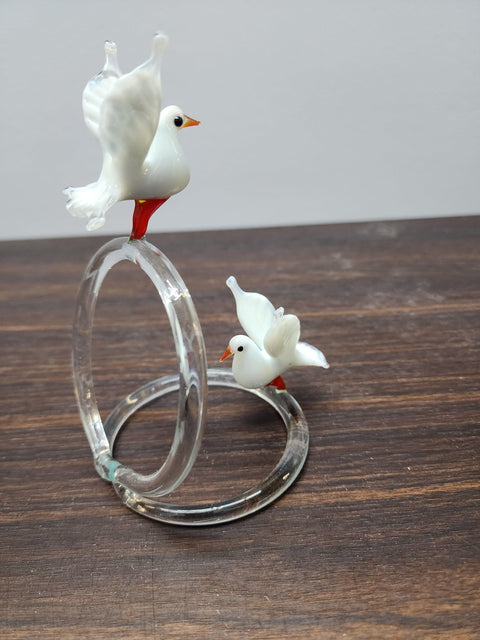 Glass Doves on Rings Figurine, Handmade Murano Quality Design