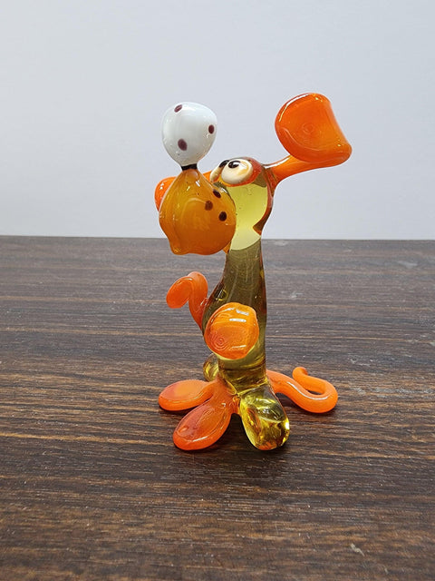 Naturally Colored Glass Figurine - Handcrafted - Dog with Soccer Ball