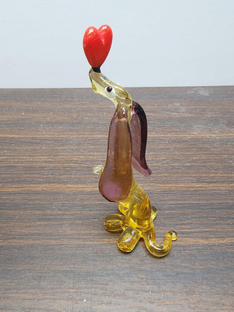 Naturally Colored Glass Figurine - Handcrafted - Dachshund w Heart Design